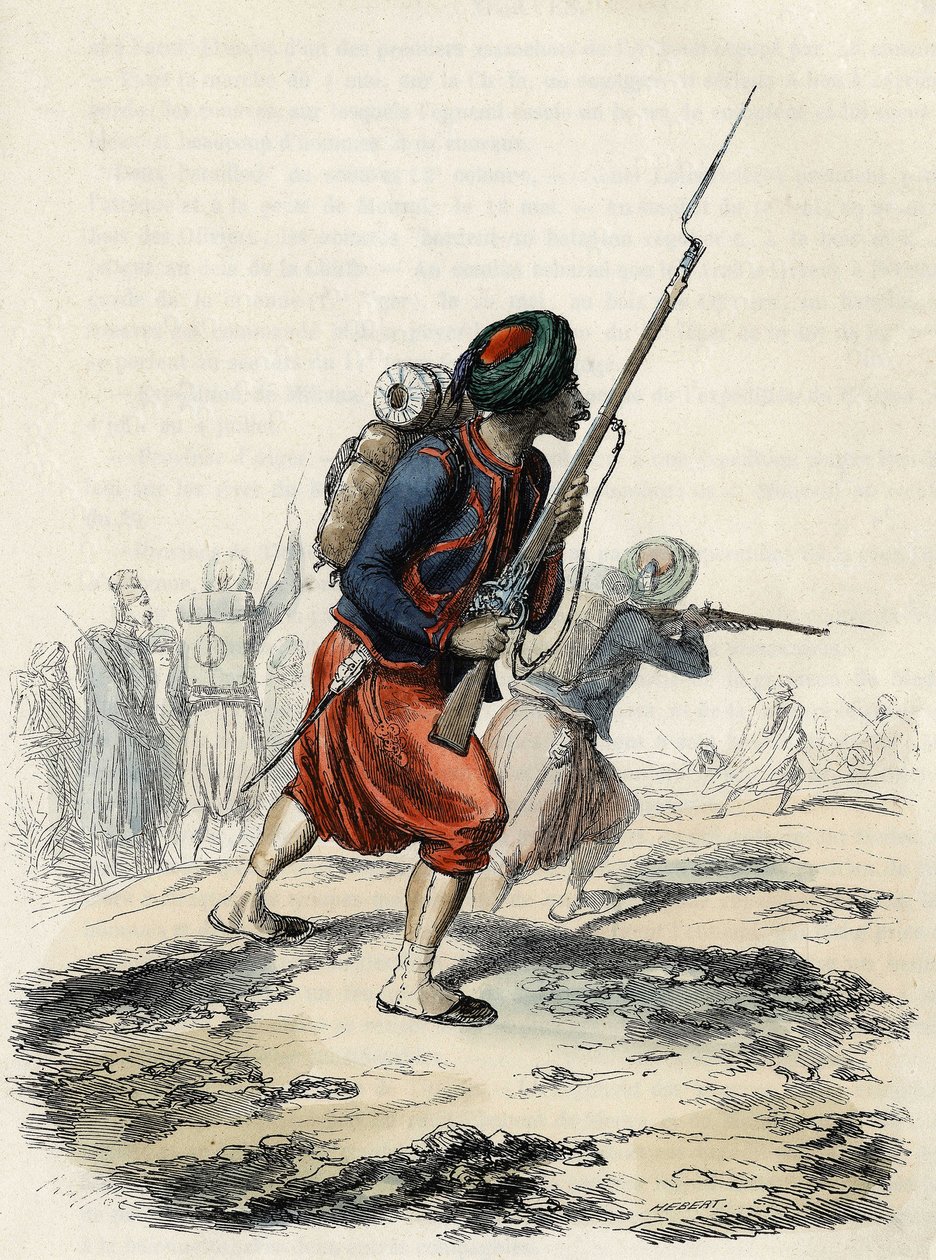 Prapor Zouaves z Francouzské Armee, složený z domorodců, vytvořený generálem Clauselem v roce 1830 pro výpravu Atlasu do Alžírska, V „“L