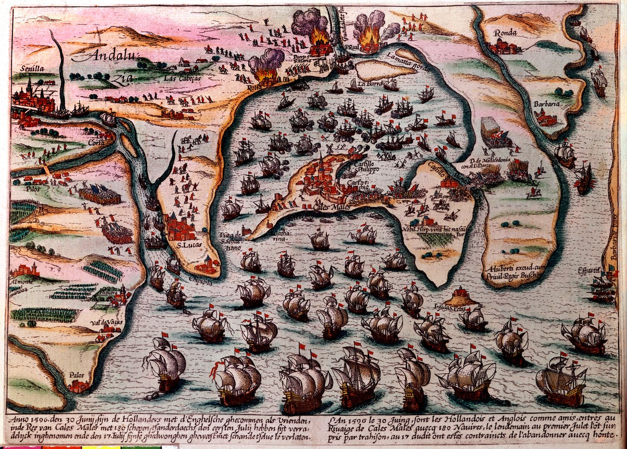 Bitevní plán Cales Males (Španělsko) 30. června 1596. Flotila nizozemské a anglické armády vstupuje jako přátelé do Cales Males se 180 loděmi. Následujícího dne 1. července, překvapeni zradou, museli s hanbou opustit město. Rytina od Unknown artist