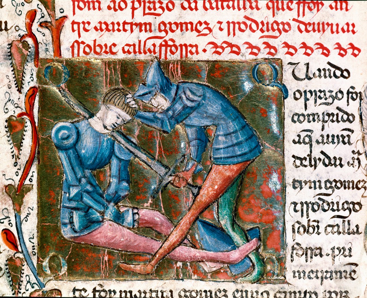 Bitva mezi Rodrigem Diazem de Vivar dit Le Cid (1043-1099) a Martinem Gomezem. Miniaturní snímek „“Kroniky Španělska““ od Unknown artist