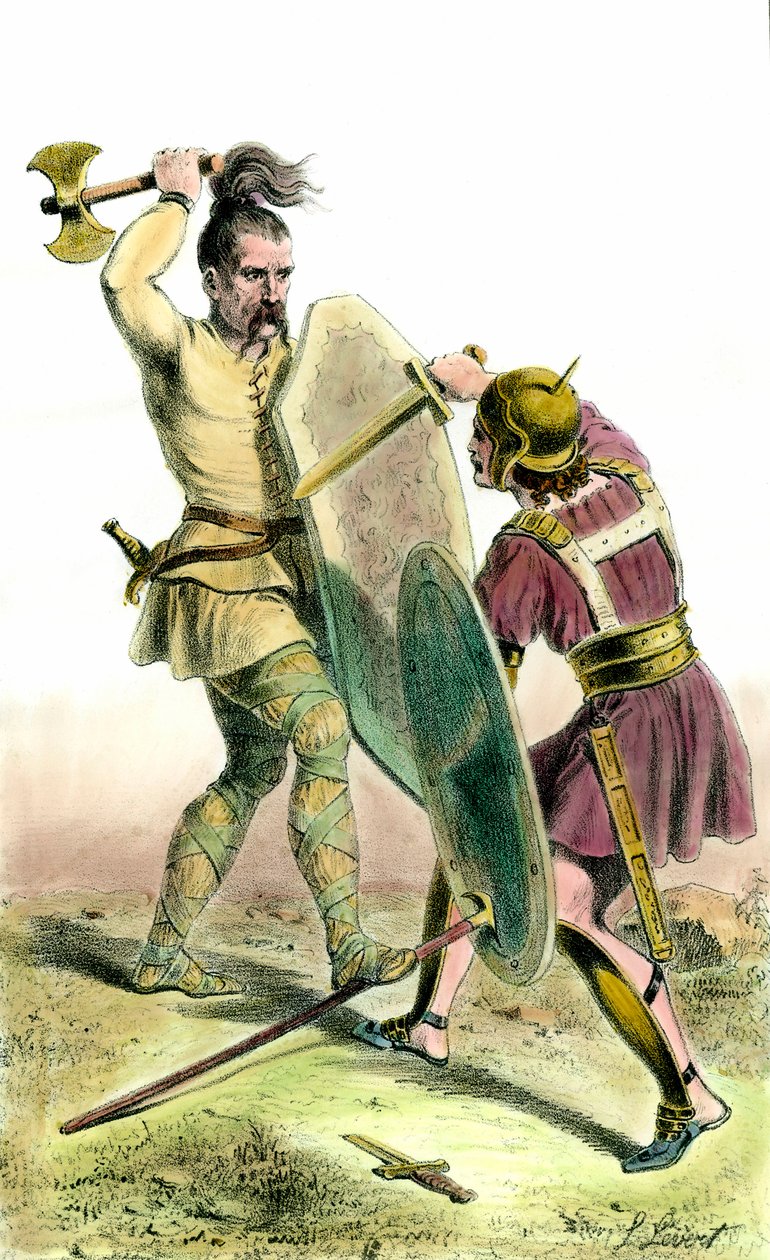 Bitva mezi franckým vojákem a římským vojákem. Soukromá sbírka rytin z 19. století od Unknown artist