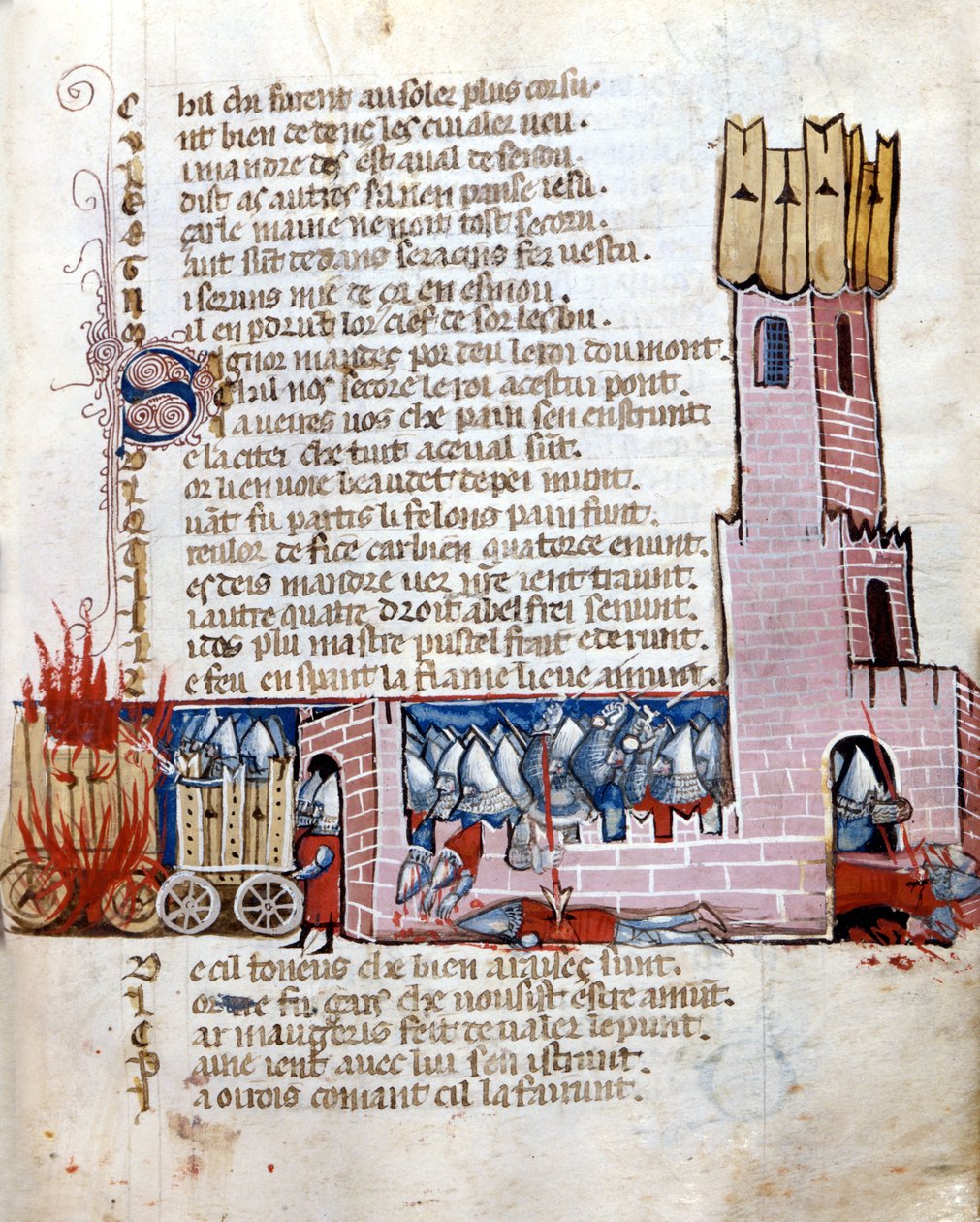 Bitva na hradě. Tanky hoří. Rukopis ze 13. století. Marciana Benátky. od Unknown artist