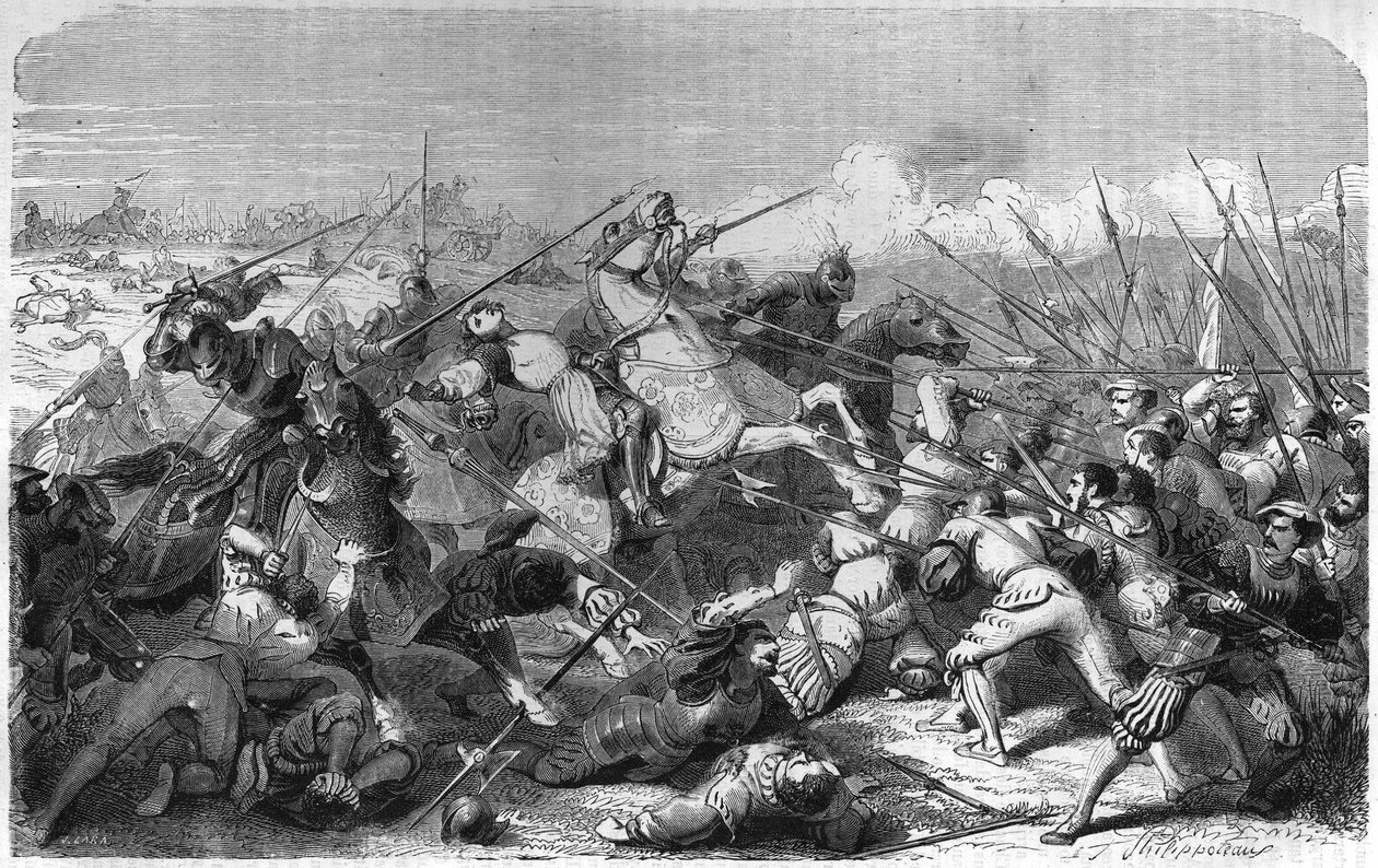 Bitva u Ravenny (Itálie), smrt Gastona z Foix vévody z Nemours (1489-1512) 11. dubna 1512. Rytina 19. století. od Unknown artist