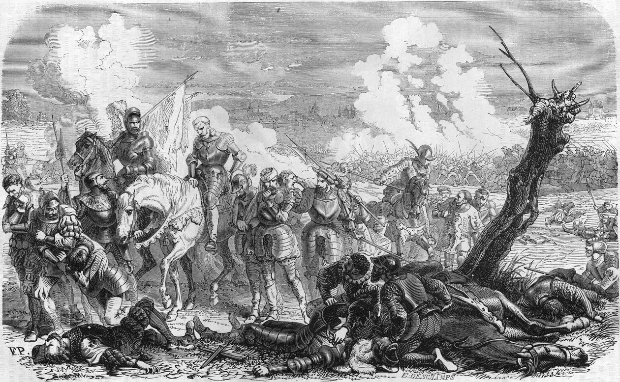 Bitva u Saint Quentin v roce 1557, epizoda dlouhé války, která stojí proti Francouzskému a Španělskému království. Gavure z 19. století. od Unknown artist