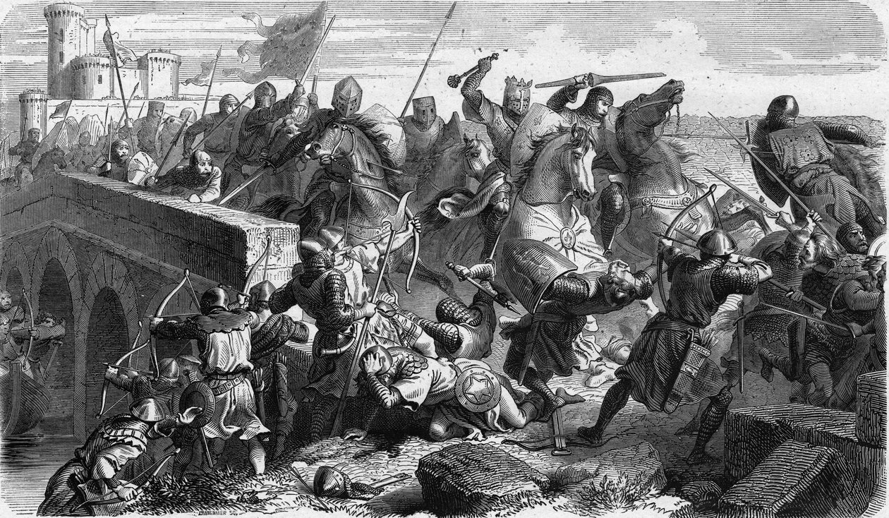 Bitva u Taillebourgu se v roce 1242 postavila kapetovským jednotkám francouzského krále Ludvíka IX. (Saint Louis, Saint Louis) a jeho bratra hraběte z Poitiers Alphonse proti těm z jejich vazalských povstání, Jindřichovi III. z Anglie a Hugue X z Lusignanu od Unknown artist