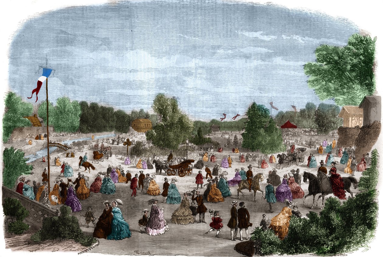 Krásné dny v Bois de Boulogne v Paříži. Gravírování v „The Illustrious Universe“ od Unknown artist