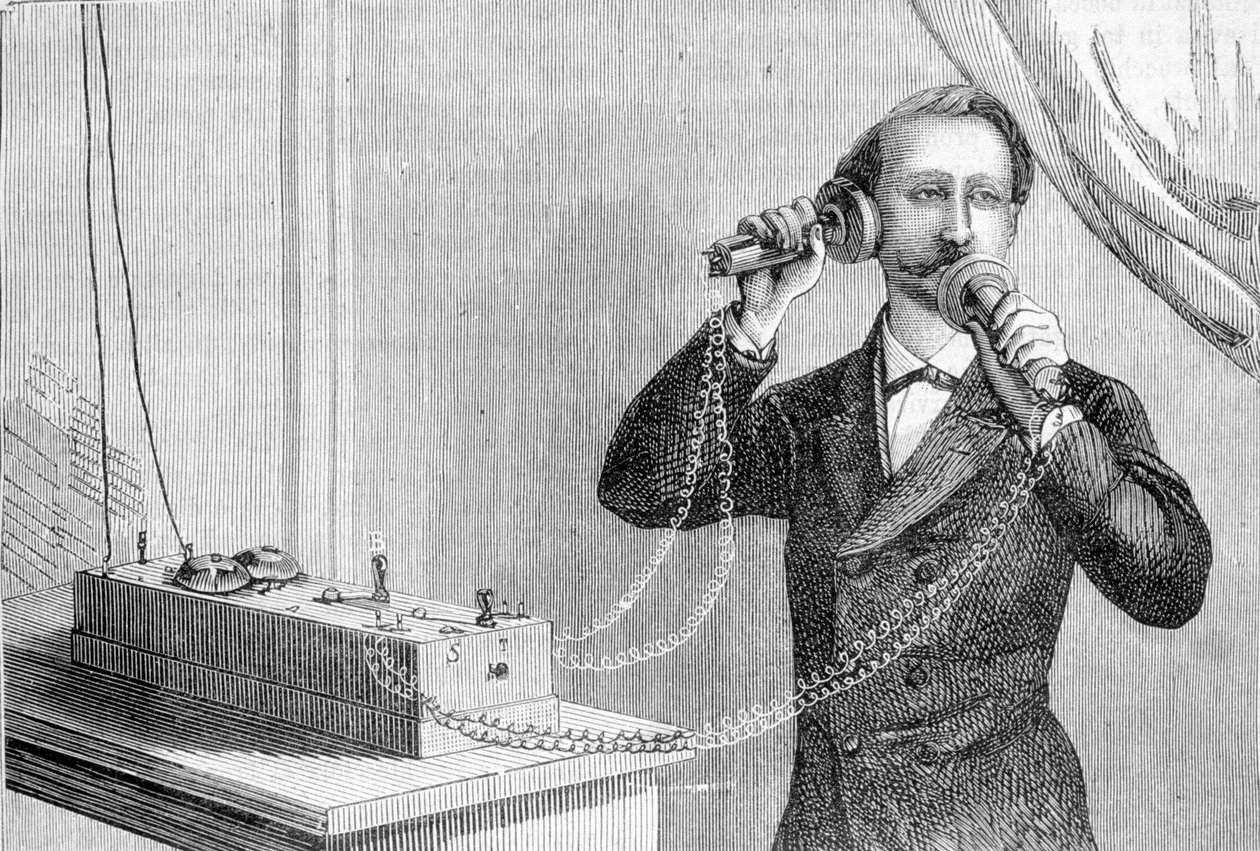 Bellův telefon. 19. století rytina. od Unknown artist