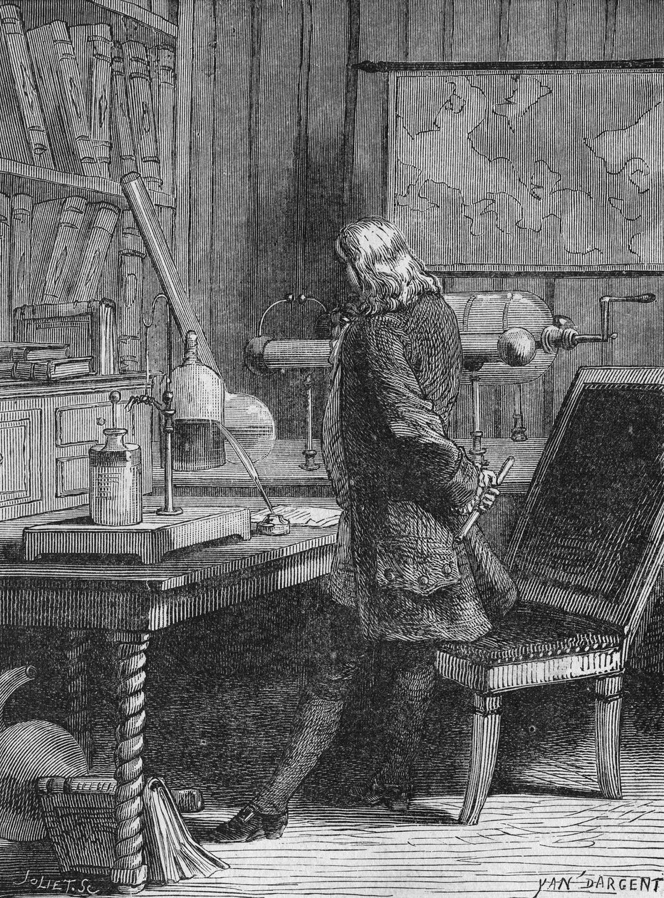 Benjamin Franklin ve své fyzikální laboratoři ve Philadelphii. In “Album de la Science””, Éditions Jouvet od Unknown artist