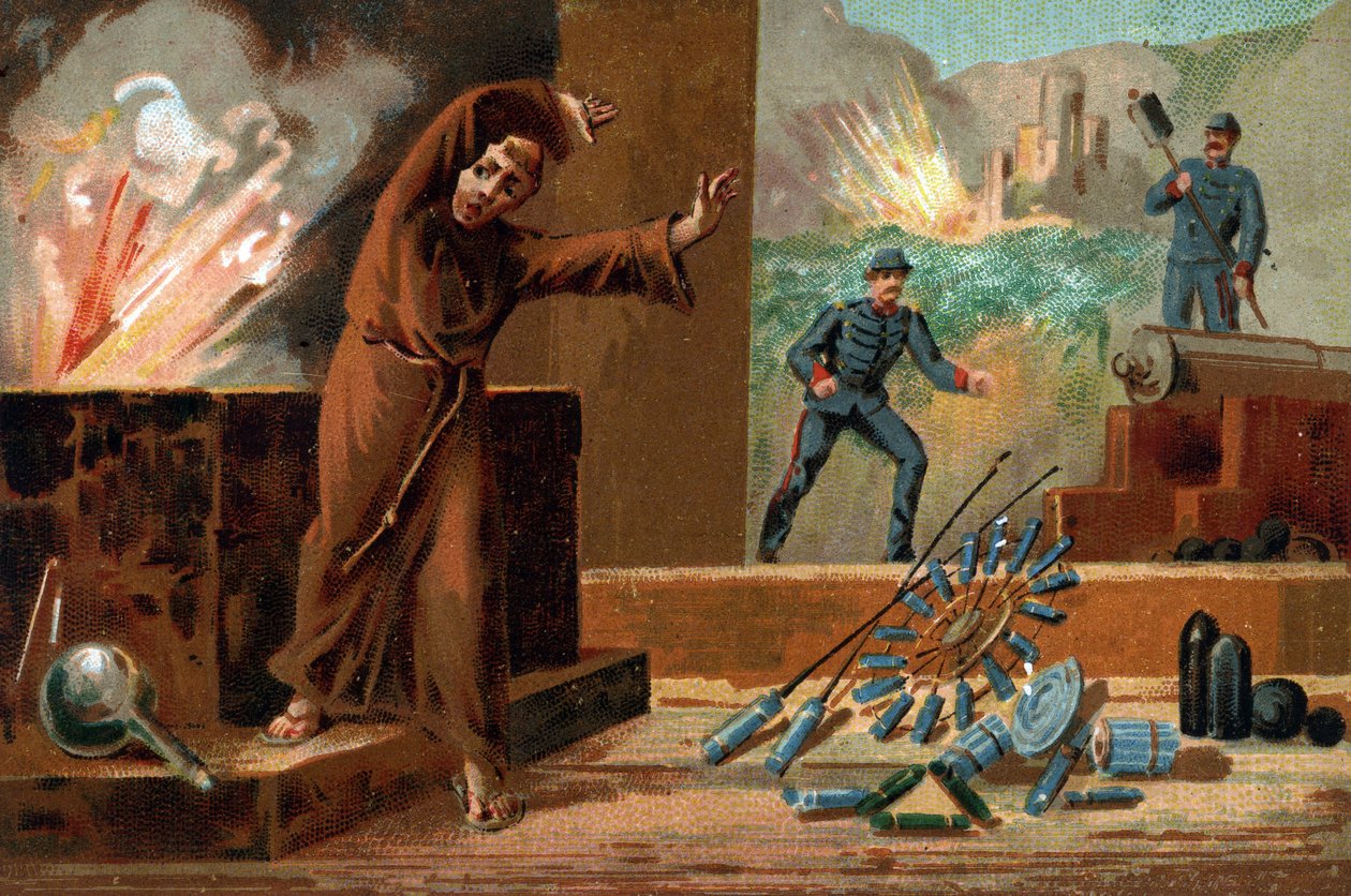 Berthold Schwartz (cca 1318-cca 1384), německý chemik, vynálezce střelného prachu a františkánský mnich. Chromolitografie 19. století od Unknown artist