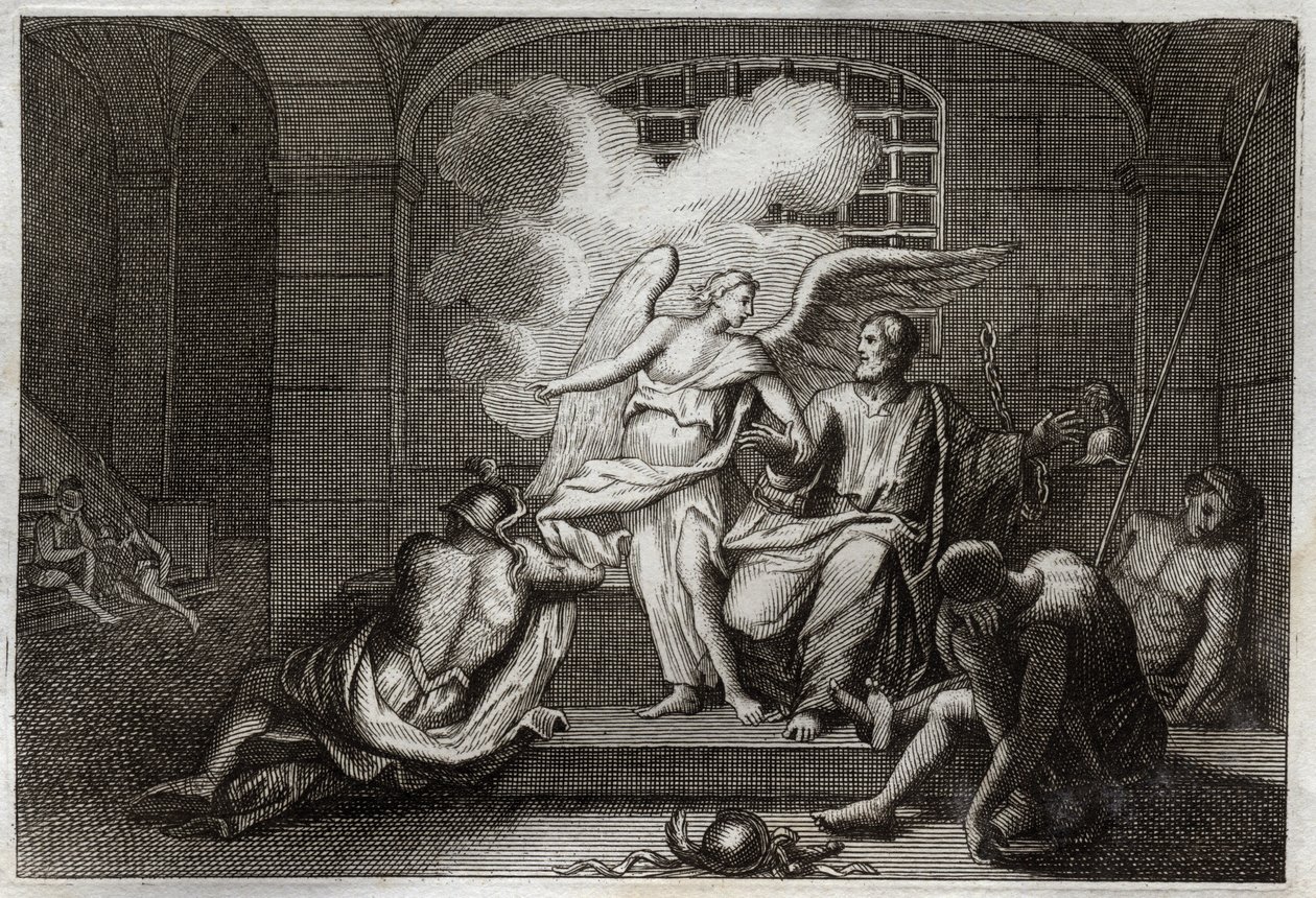Bible of Royaumont, Nový zákon: Saint Peter Delivre de vězení. Svatý Petr je v noci propuštěn z vězení andělem. Ilustrace z roku 1811. od Unknown artist
