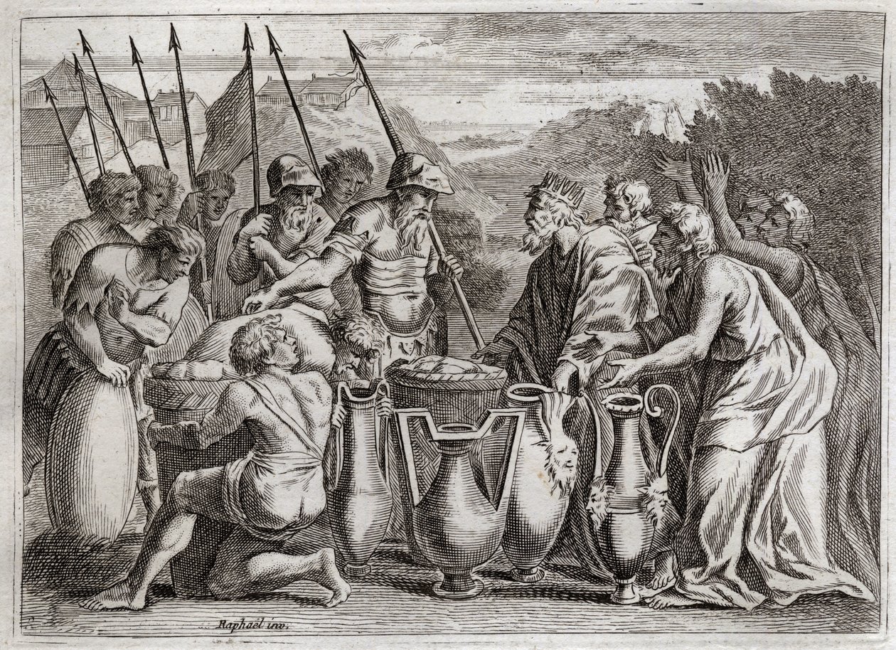 Bible of Royaumont, Starý zákon: Abraham delivre Loth. Abraham zachrání Lotha svého synovce z rukou nepřátel. Velekněz Melchisedech (Melchisedech nebo Melchizedek nebo Melkisedeq nebo Melki-Tsedeq nebo Melki Tsedeq) benit. Sodomský král mu nabídl t od Unknown artist