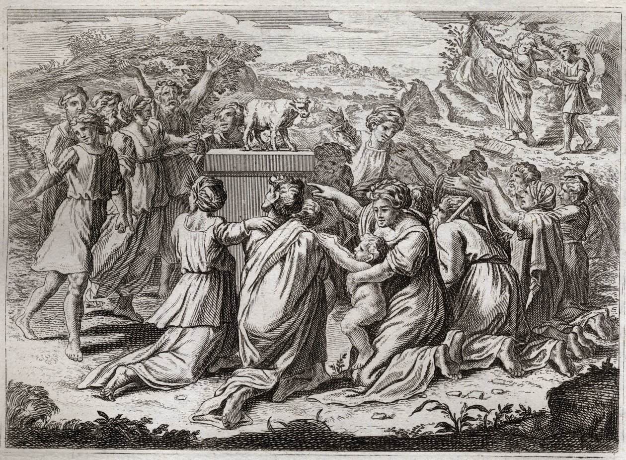 Bible of Royaumont, Starý zákon: Klanění zlatého telete. Když Mojžíš vidí Hebrejce a zlaté tele, porušuje tabulky Zákona. Ilustrace z roku 1811. od Unknown artist