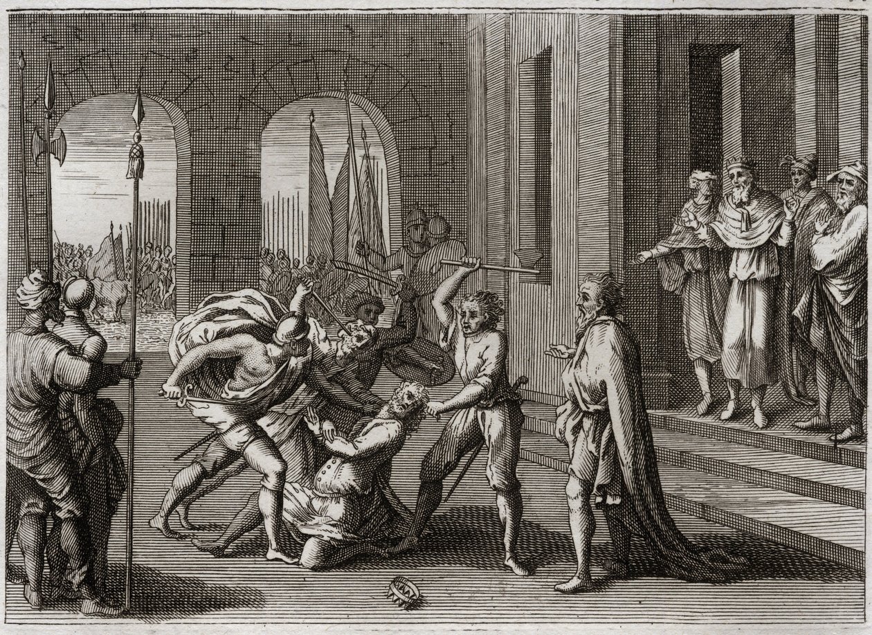 Bible of Royaumont, Starý zákon: Agag zachraňuje. Saul zachránil proti Božímu příkazu Agaga krále Amalekitů. Bůh ho učiní svědkem svého hněvu Samuelem, který napravil Saulovu chybu tím, že zabil Agaga. Ilustrace z roku 1811. od Unknown artist