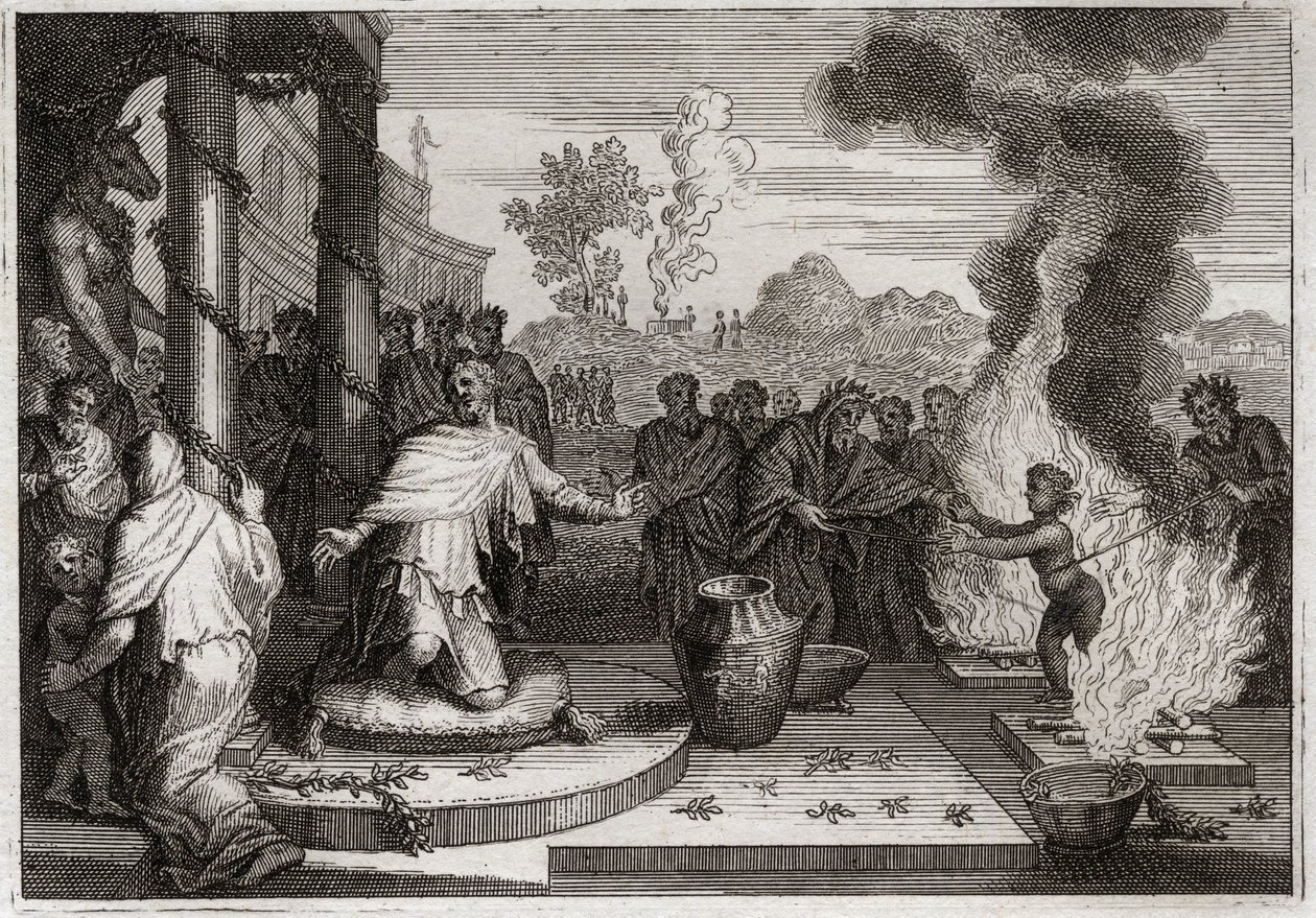 Bible of Royaumont, Starý zákon: Ahaz Unholy King. Bezbožný Achaz, král Judský, dráždí Boha a je vydán nepřátelům. Ilustrace z roku 1811. od Unknown artist