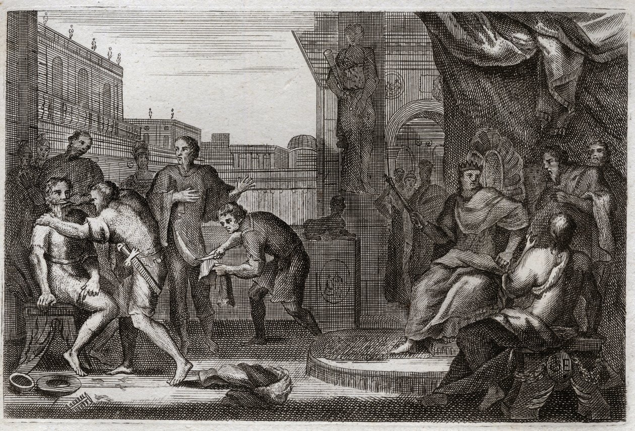 Bible of Royaumont, Starý zákon: Velvyslanci Davida. David poslal Joaba proti Ammonitům, aby se pomstil za urážku, kterou jejich princ Hanon učinil svým vyslancům, které považoval za vyzvědače. Ilustrace z roku 1811. od Unknown artist