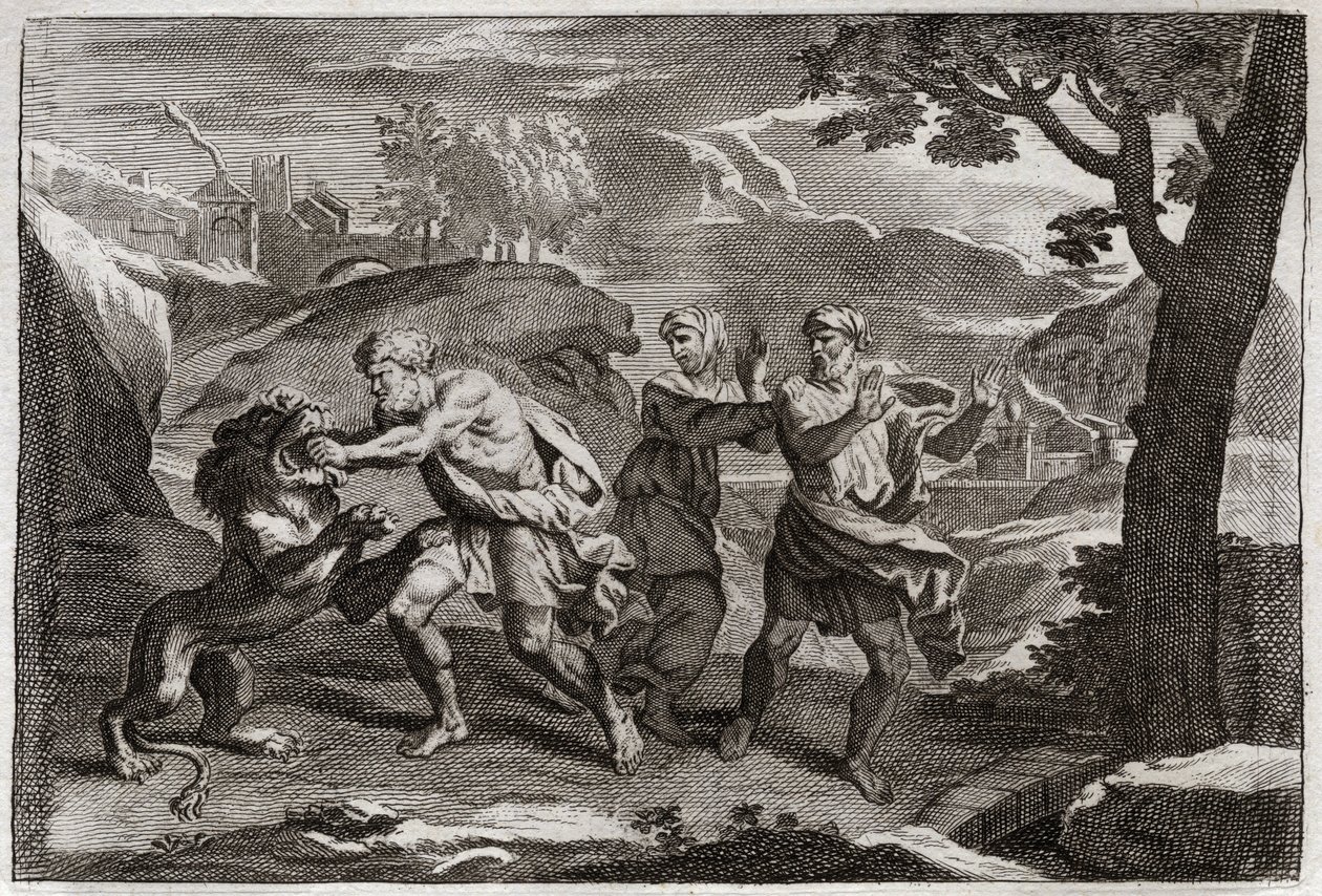 Bible of Royaumont, Starý zákon: Narození Samsona. Samson trhá lva na kusy. Ilustrace z roku 1811. od Unknown artist