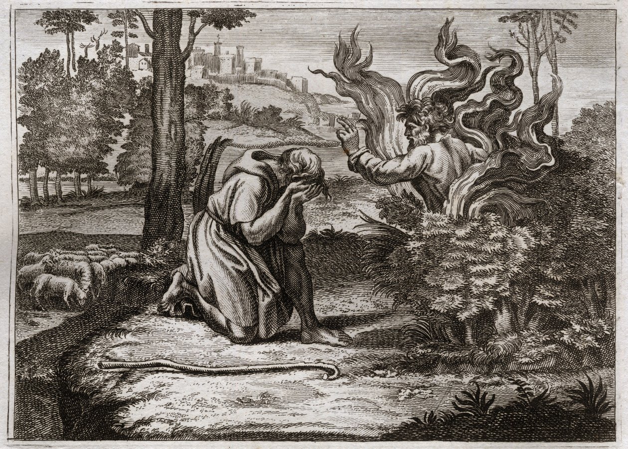 Bible of Royaumont, Starý zákon: Hořící keř. Bůh mluví k Mojžíšovi ze středu hořícího keře. Ilustrace z roku 1811. od Unknown artist