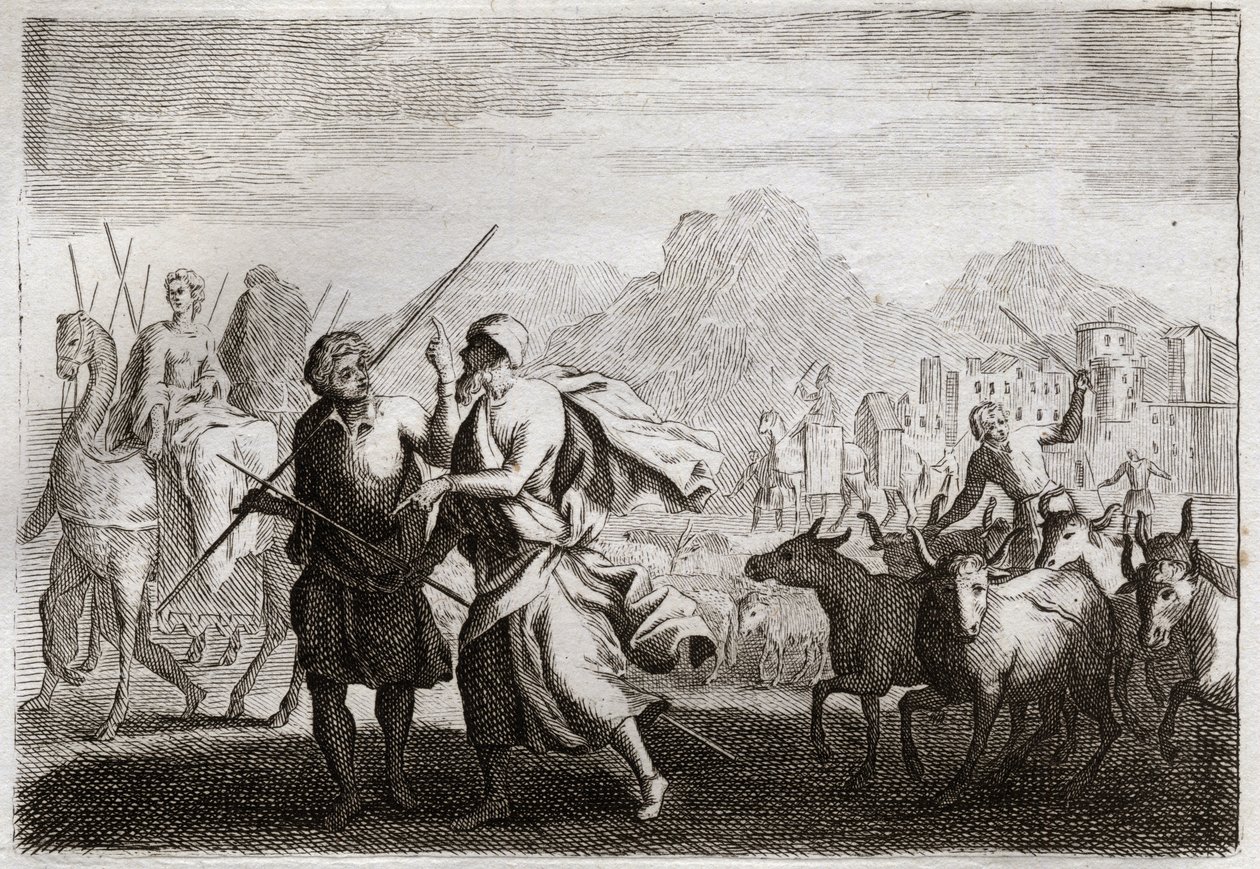 Bible of Royaumont, Starý zákon: Povolání Abrahama. Bůh volá Abrahama a přikazuje mu, aby opustil zemi Chaldejců a přišel do země, kterou mu slíbil dát. Ilustrace z roku 1811. od Unknown artist