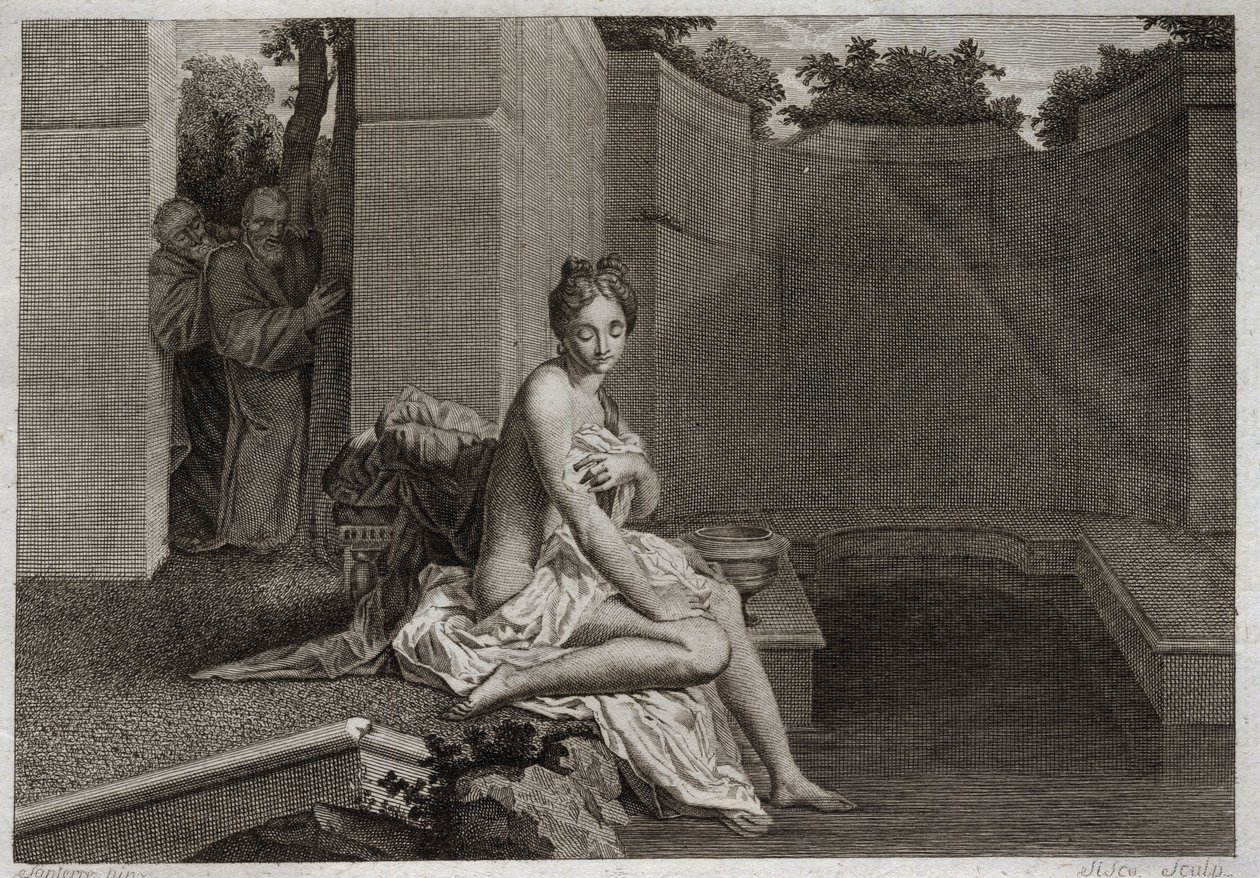 Bible of Royaumont, Starý zákon: Cudná ze Suzanne. Dva starší, Soudci lidu, pošpinili zkaženou Chastete Suzanne, když byla sama ve své zahradě a koupala se. Ilustrace z roku 1811. od Unknown artist
