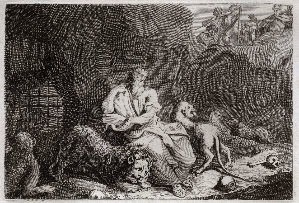 Bible of Royaumont, Starý zákon: Daniel v jámě lvů. Daniel je vhozen do Lví jámy a zázračně je opilý. Ilustrace z roku 1811. od Unknown artist