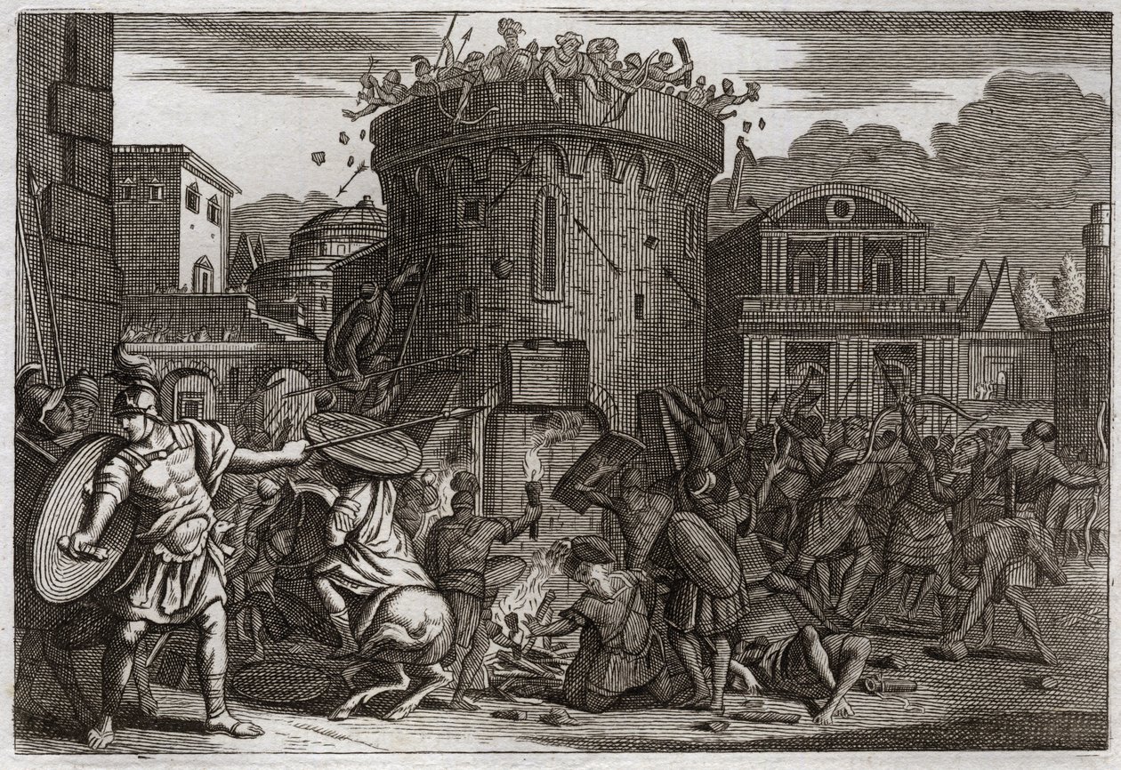 Bible of Royaumont, Starý zákon: Smrt Abimelecha. Abimelech (Abimelec nebo Ahimelech nebo Ahimelek) je zabit ženou, která ho rozbije kamenem při obléhání Tebetz. Ilustrace z roku 1811. od Unknown artist