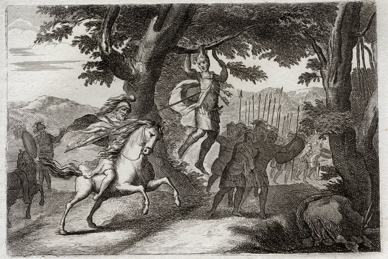Bible of Royaumont, Starý zákon: Smrt Absaloma. Absalom (nebo Avshalom, Absalom) prchající z bitvy je chycen za vlasy má dub, nebo mu Joab probodne srdce tří šípů. Ilustrace z roku 1811. od Unknown artist