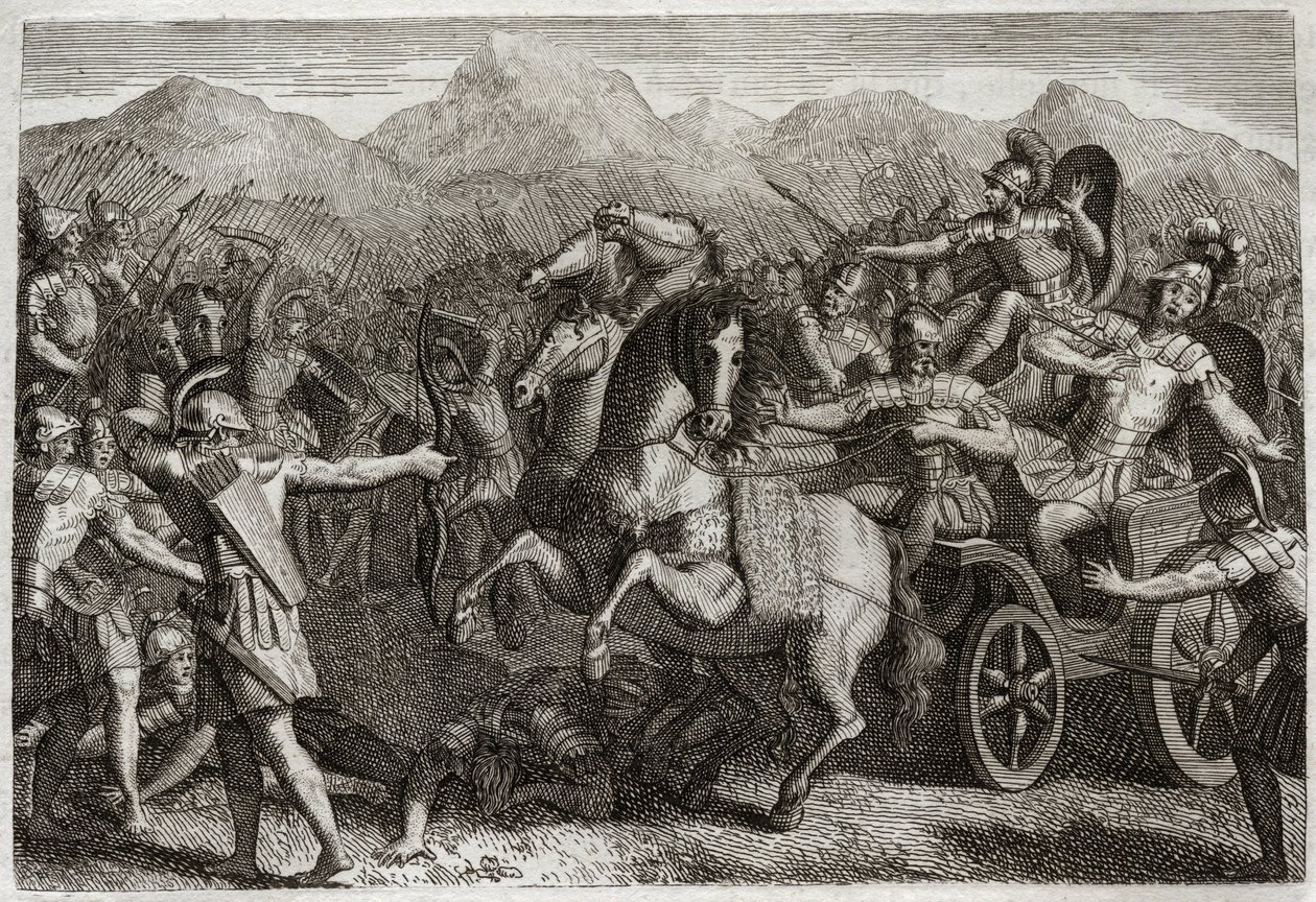 Bible of Royaumont, Starý zákon: Smrt Achaba. Ahab (Akhab) vedl válku proti Sýrii a byl zabit náhodným šípem. Ilustrace z roku 1811. od Unknown artist