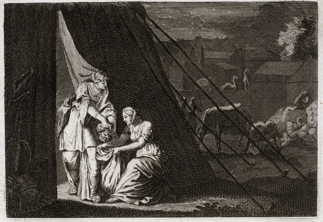 Bible of Royaumont, Starý zákon: Smrt Holoferna. Judith usekne Holofernovi hlavu za pomoci služebné Abry a opilé Bethulie. Ilustrace z roku 1811. od Unknown artist