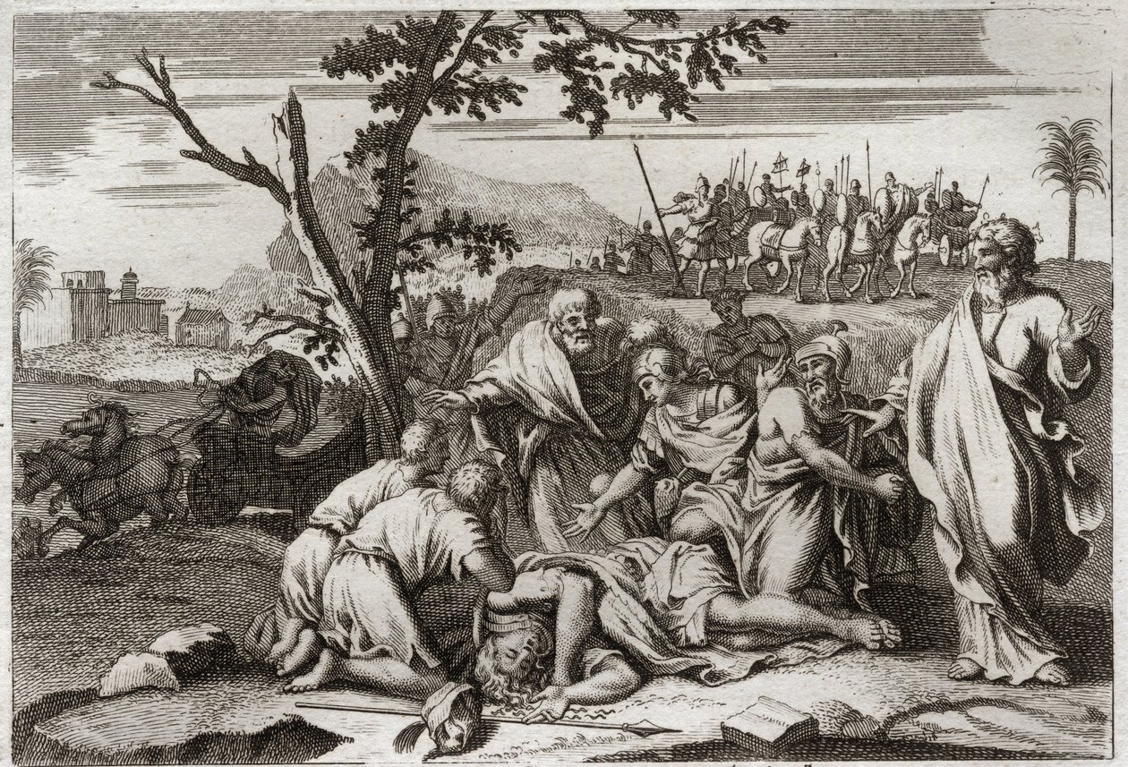 Bible of Royaumont, Starý zákon: Smrt ničemného Antiocha. Otřesná smrt krále Antiocha IV Epiphana (175-164 př. n. l.) po pádu koně. Ilustrace z roku 1811. od Unknown artist