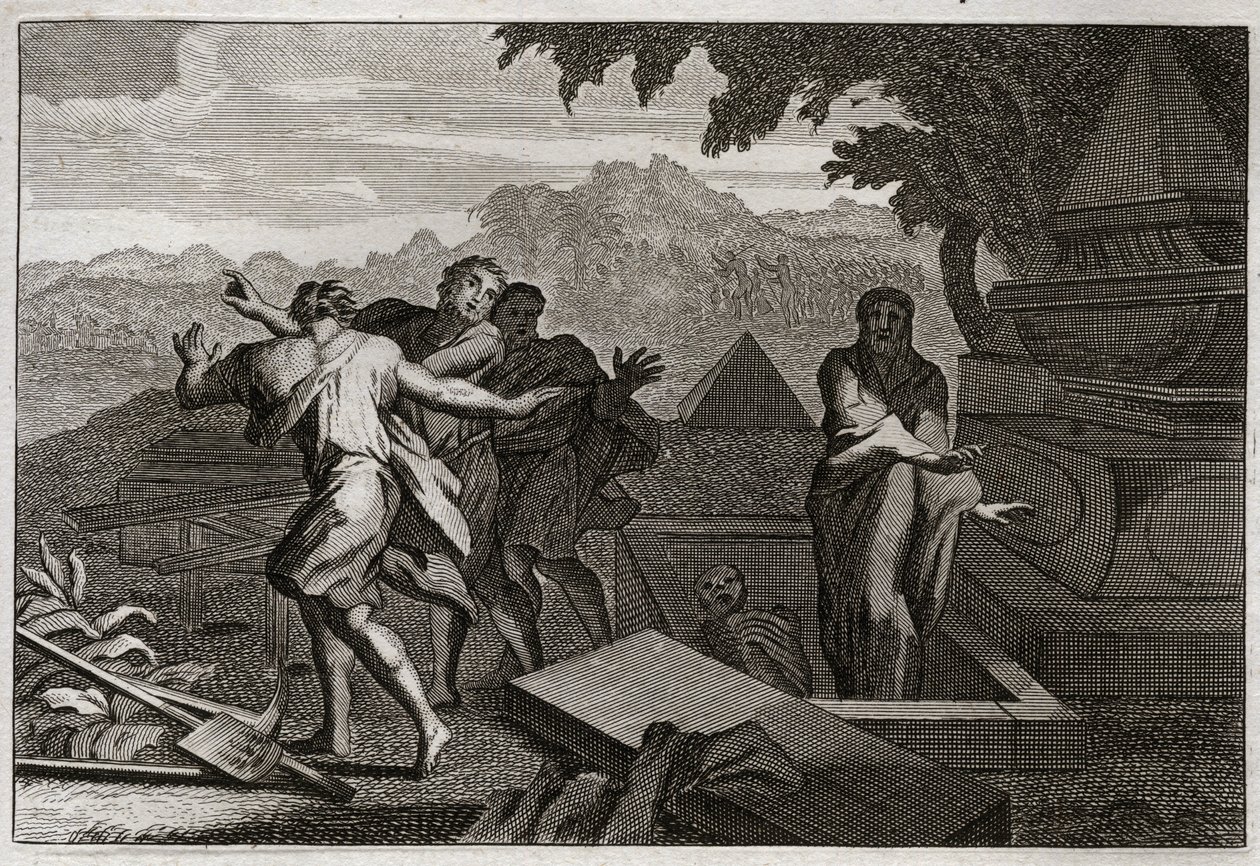 Bible of Royaumont, Starý zákon: Smrt vstává. Mrtvý muž byl náhodou svržen do hrobky Elisee a on byl vzkříšen dotykem jeho kostí. Ilustrace z roku 1811. od Unknown artist