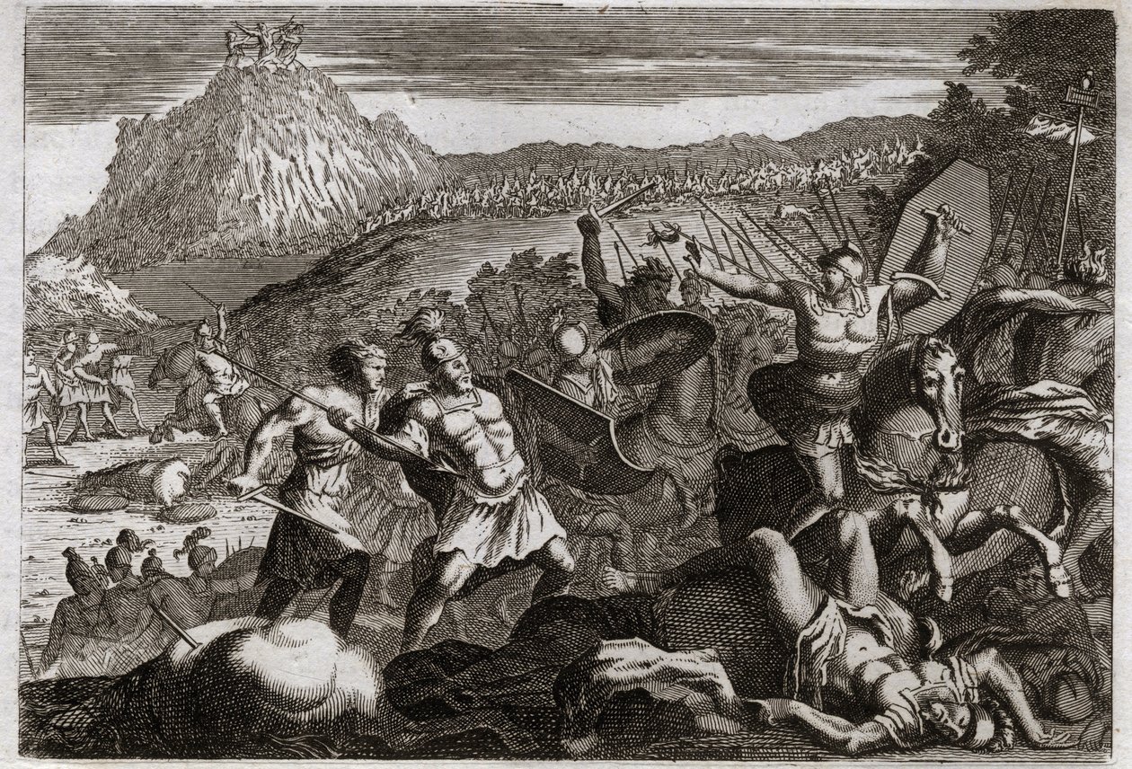 Bible of Royaumont, Starý zákon: Porážka Amalec (Amalek). Mojžíš zvítězil nad Amalekity a držel ruce vysoko v nebi. Ilustrace z roku 1811. od Unknown artist