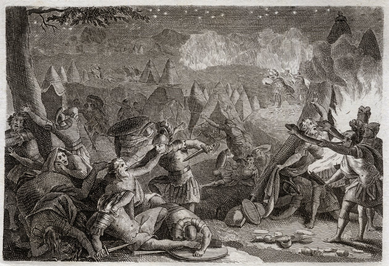Bible of Royaumont, Starý zákon: Porážka Midianitů zvukem trubek a světly lamp. Ilustrace z roku 1811. od Unknown artist