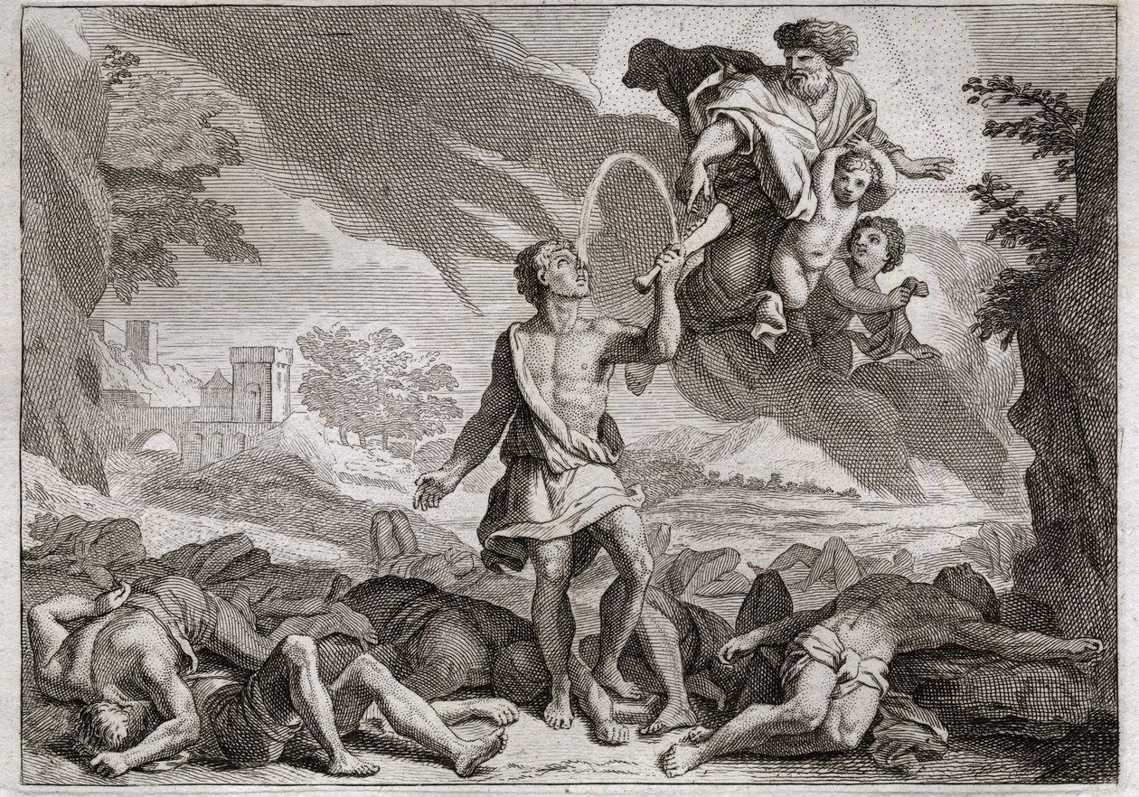 Bible of Royaumont, Starý zákon: Porážka Pelištejců. Samson zabije tisíc Pelištejců oslí čelistí. Bůh nechává vytékat vodu z čelisti, aby Samson mohl uhasit svou žízeň. Ilustrace z roku 1811. od Unknown artist