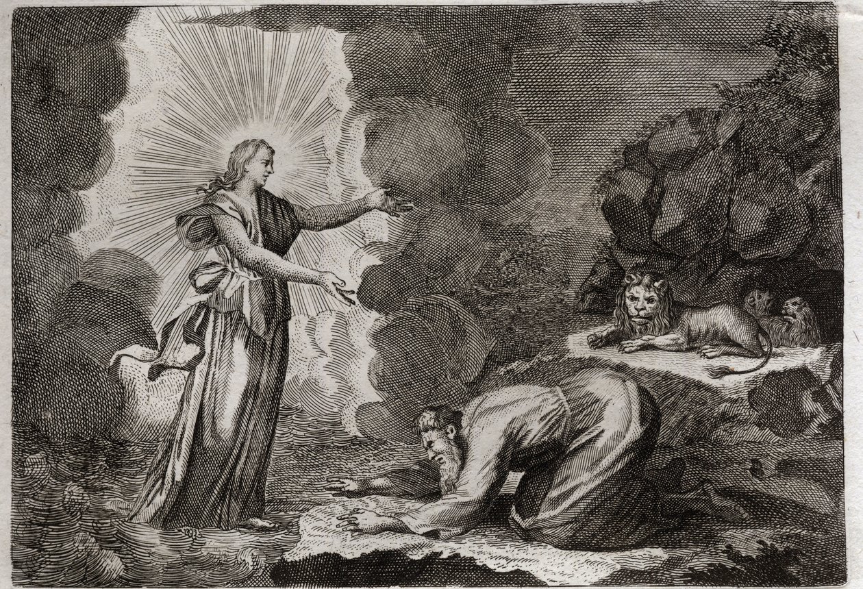 Bible of Royaumont, Starý zákon: Danielovo osvobození. Daniel v jámě lvů je zázračně opilý. Ilustrace z roku 1811. od Unknown artist