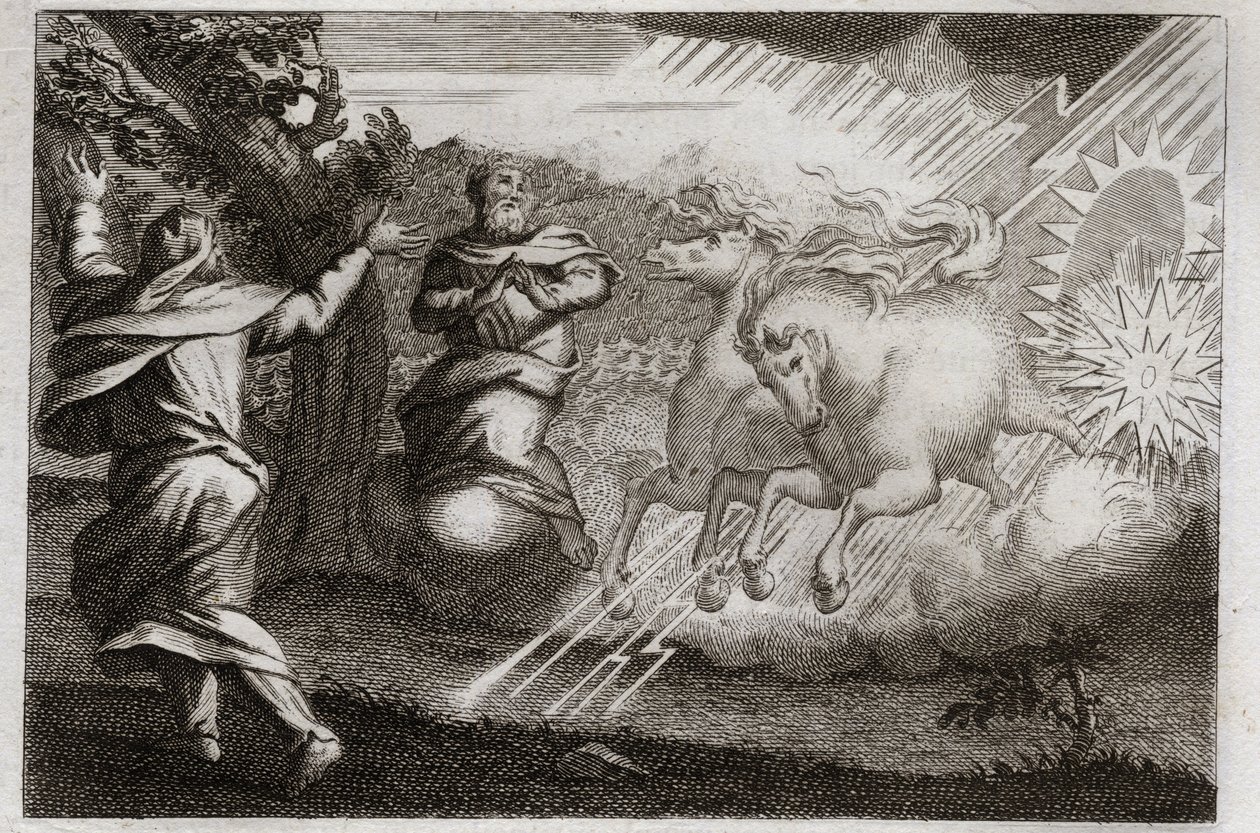 Bible of Royaumont, Starý zákon: Eliáš je potěšen v nebi. Eliáš je vzat do nebe v ohnivém voze v přítomnosti svého učedníka. Elisee od něj přijímá jeho dvojí mysl: rozděluje vodu Jordánu s Eliášovým pláštěm. Illust od Unknown artist