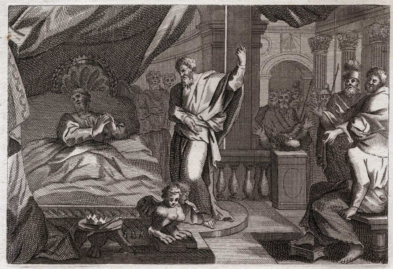Bible of Royaumont, Starý zákon: Ezechiáš dostává zdraví. Král Ezechiáš byl po smrti nemocen, dostal zdraví a dalších patnáct let života. Prorok Izajáš (Izaiáš) oznamuje svou válku: znamením bude posunutí stínu hodin o deset stupňů od Unknown artist