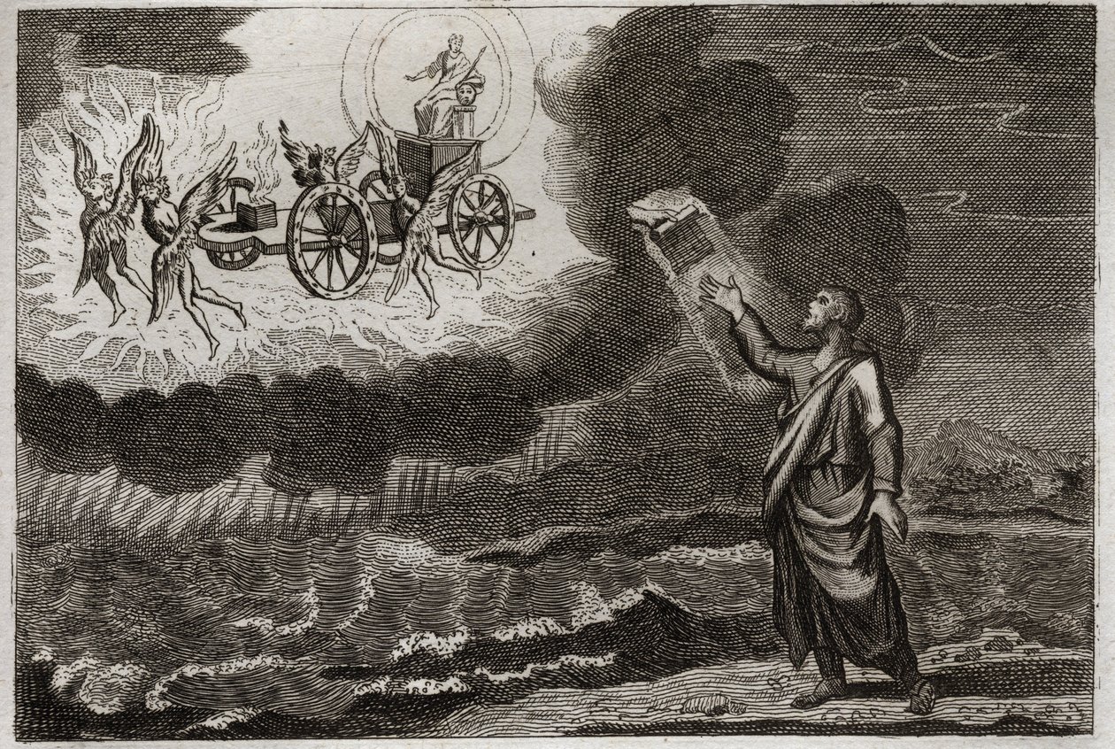 Bible of Royaumont, Starý zákon: prorok Ezechiel. Svatý Prorok měl vidění, kde se mu Pán zjevil na voze, neseném čtyřmi cherubíny (tetramorfy). Ilustrace z roku 1811. od Unknown artist