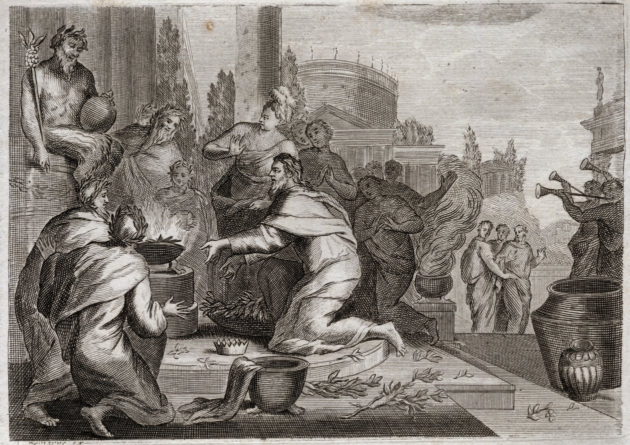 Bible of Royaumont, Starý zákon: Pád Šalomouna. Šalomoun je zkažen ženami a nabízí kadidlo modlám falešných bohů. Jeho smrt. Ilustrace z roku 1811. od Unknown artist