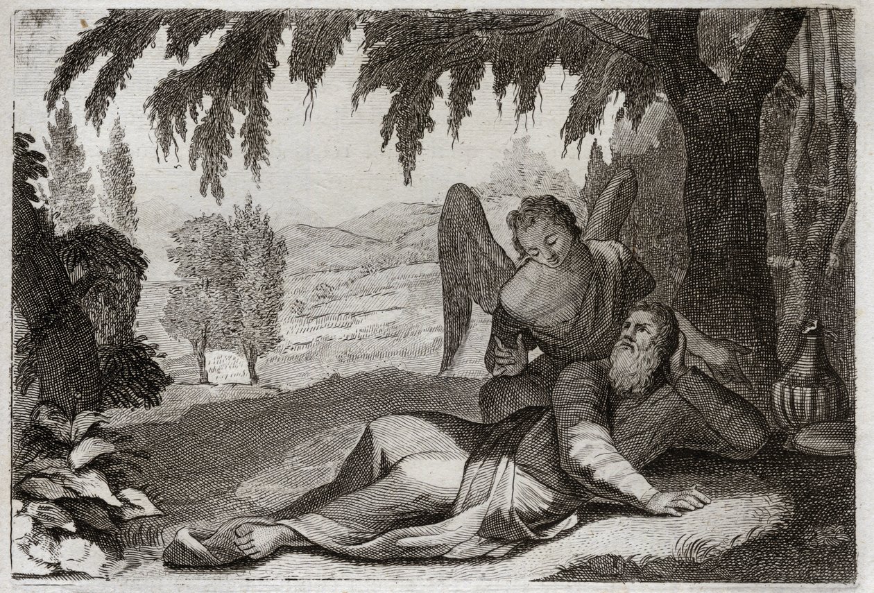 Bible of Royaumont, Starý zákon: Útěk Eliáše. Eliáš prchající před hněvem Jezabel, která se mu chtěla pomstít za smrt jeho falešných proroků, je v poušti podporován andělem, který mu přináší jídlo. Ilustrace z roku 1811. od Unknown artist