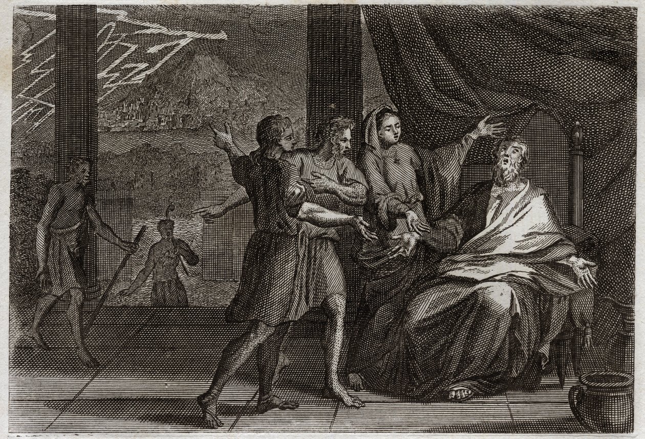 Bible of Royaumont, Starý zákon: Přátelé Jobovi. Místo toho, aby byl Job utěšován třemi princi, jeho přátelé, kteří za ním přišli, se dočkali jen smutku, protože chtěli, aby vypadal provinile. Ilustrace z roku 1811. od Unknown artist