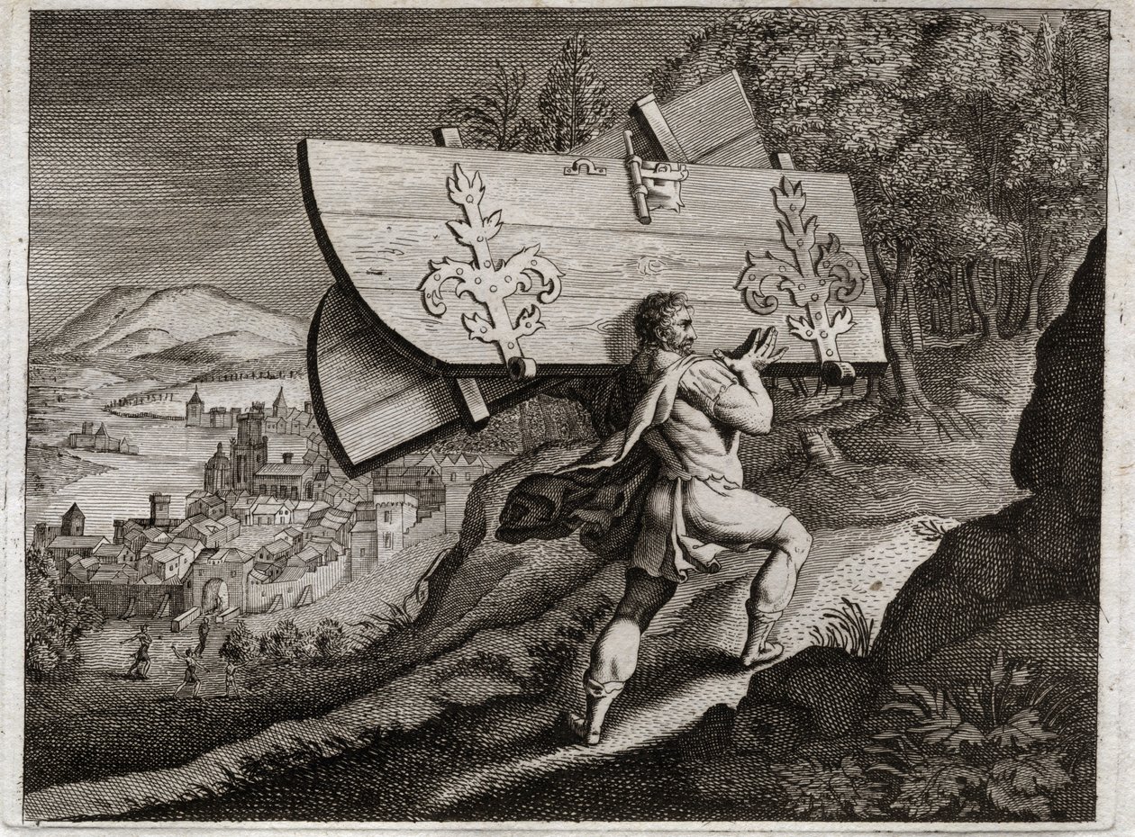Bible of Royaumont, Starý zákon: Brány Gazy. Samsone, zamkni se v Gaze, vyrvej městské brány. Ilustrace z roku 1811. od Unknown artist