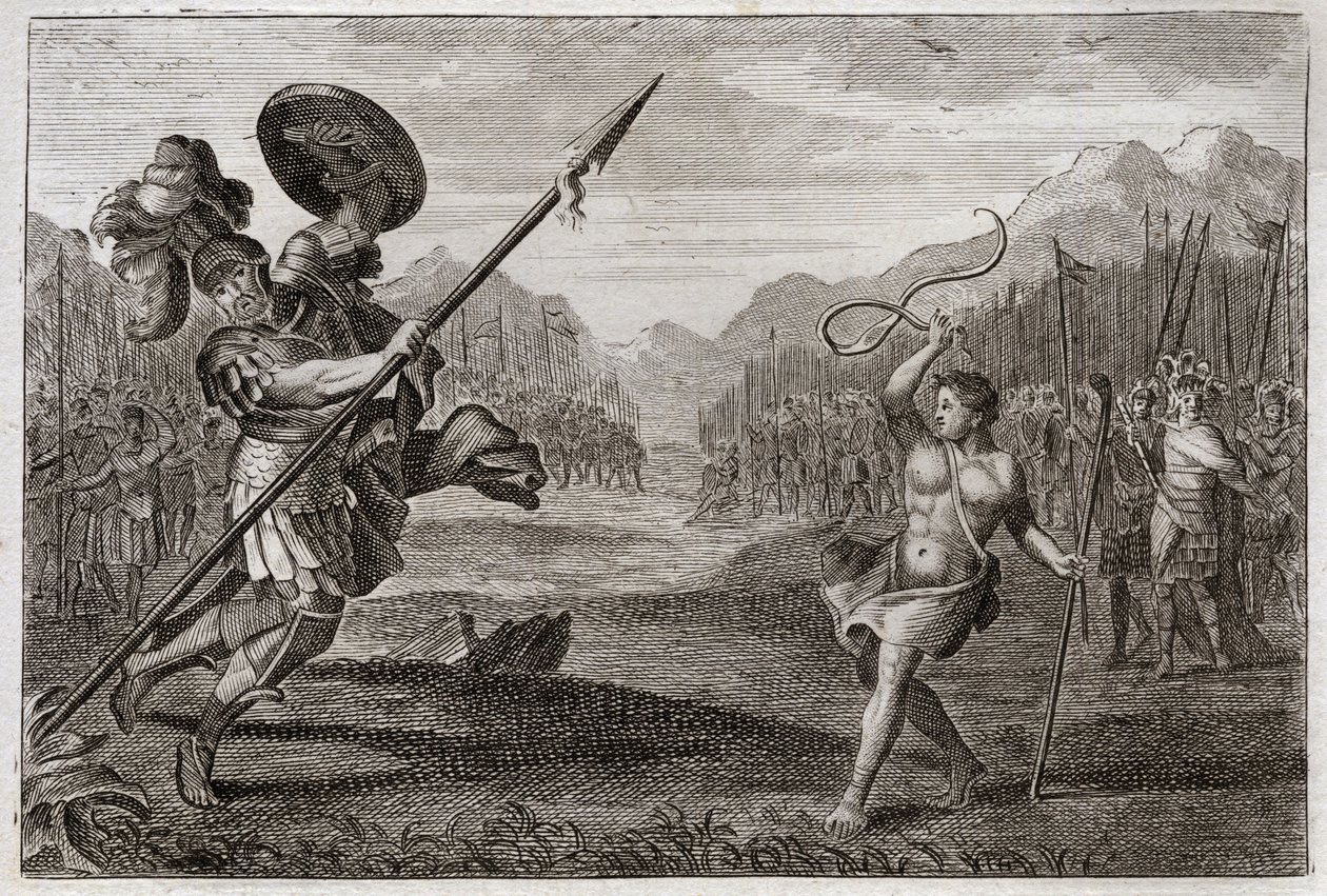 Bible of Royaumont, Starý zákon: Obří Goliáš. Goliáš, Pelištejec, ohromné velikosti, je poražen Davidem, zbraň pouze s prakem a holí. Ilustrace z roku 1811. od Unknown artist