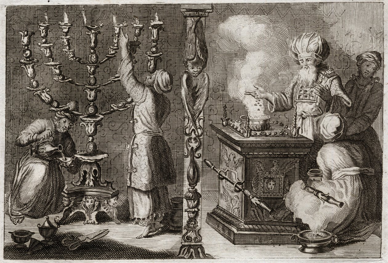 Bible of Royaumont, Starý zákon: Zlatý svícen má ve svatostánku sedm větví (menora nebo menora). Ilustrace z roku 1811. od Unknown artist