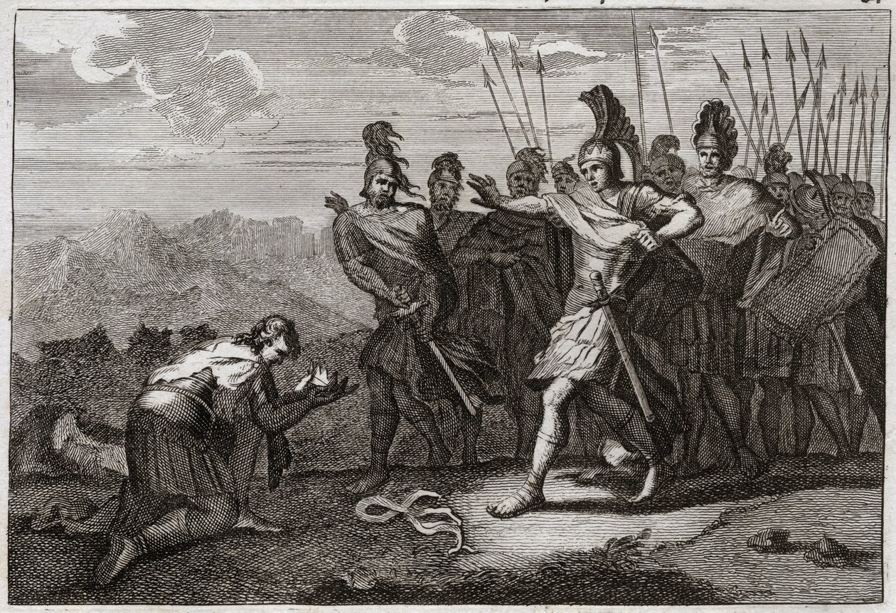 Bible of Royaumont, Starý zákon: Hlava Saulova. Pelištejci se těší ze Saulovy smrti a nabízejí jeho hlavu svému idolu. David lituje smrti a jde do Judeje, jinak je v Hebronu uznán králem. Ilustrace z roku 1811. od Unknown artist