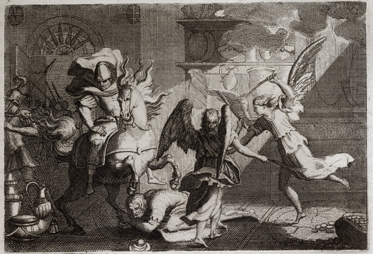 Bible of Royaumont, Starý zákon: Heliodore loví chrám. Heliodora (Heliodora), kterého poslal jeho vládce vyplenit jeruzalémský chrám, andělé porazili yardy. Ilustrace z roku 1811. od Unknown artist