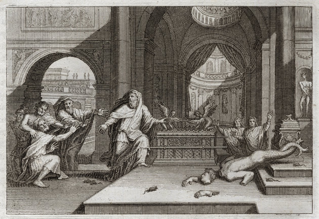 Bible of Royaumont, Starý zákon: Idol of Dagon. A když Pelištejci uložili truhlu smlouvy do chrámu vedle svého Boha Dágona, srazila jejich modlu a všechny je pobila hroznou morovou ranou, která je přinutila poslat ji pryč. Illu od Unknown artist