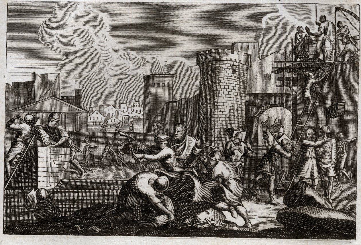 Bible of Royaumont, Starý zákon: Jeruzalémská odplata. Král Artaxerxes I. poslal Nehemii do Jeruzaléma s povolením vzbouřit všechny jeho hradby. Ilustrace z roku 1811. od Unknown artist