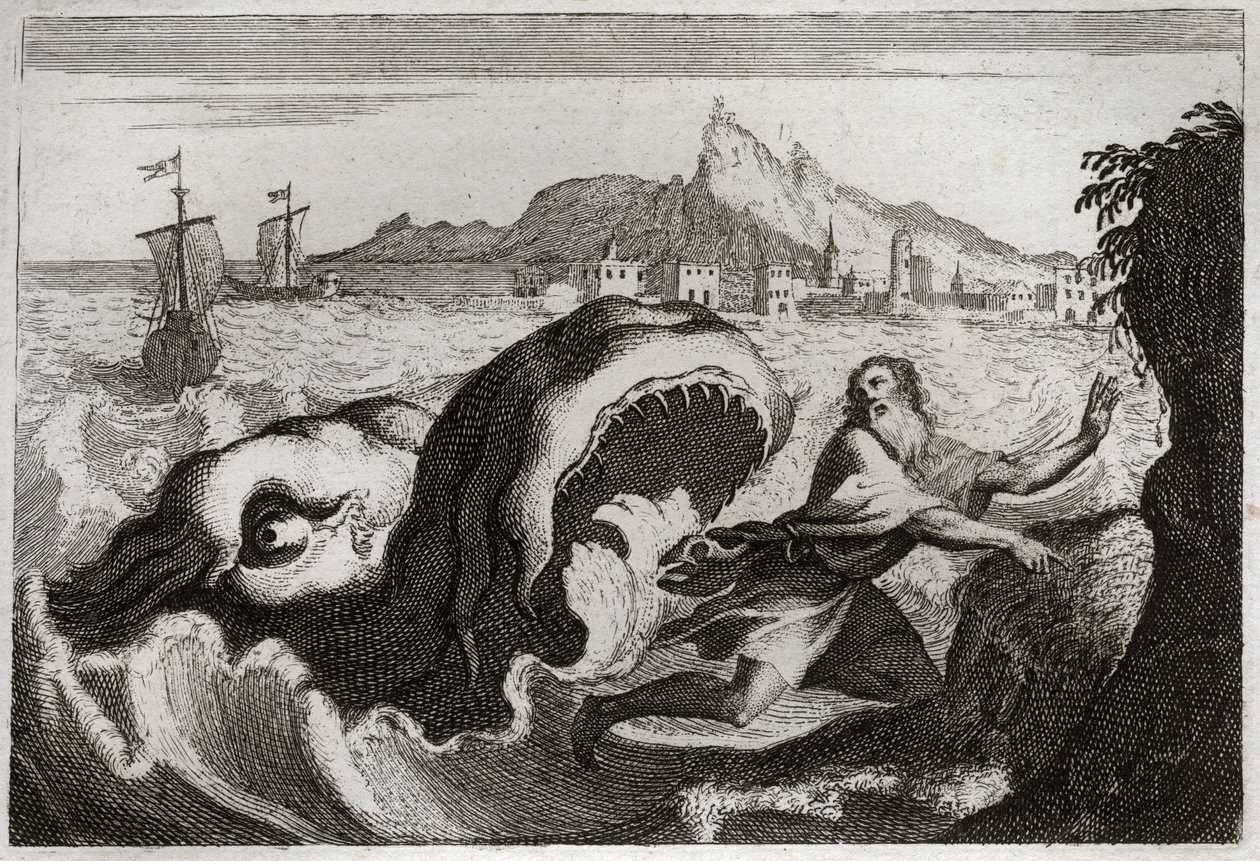 Bible of Royaumont, Starý zákon: Jonáš ve velrybě. Prorok Jonas žije ve velrybě a vychází živý. Ilustrace z roku 1811. od Unknown artist
