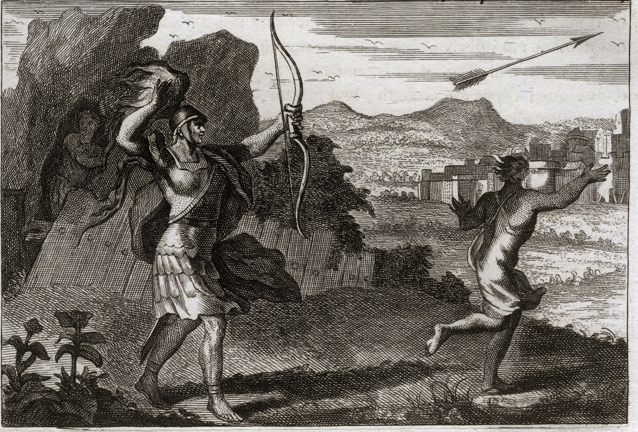Bible of Royaumont, Starý zákon: Jonathan a David. A když Jonatan viděl, že jeho otec je zahořklý, Saul ho varoval, aby se stáhl. Ilustrace z roku 1811. od Unknown artist