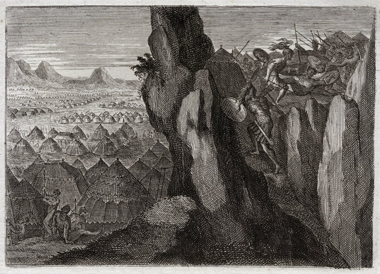 Bible of Royaumont, Starý zákon: Jonathan a jeho Ecuyer. Jonatan, syn krále Saula, jde sám se svým Ecuyerem do tábora Pelištejců a dá je na útěk. Ilustrace z roku 1811. od Unknown artist