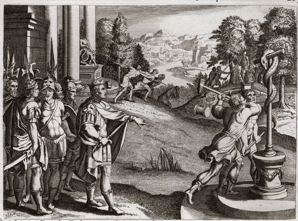 Bible of Royaumont, Starý zákon: Král Ezechiáš. Ezechiáš, král judský, se vztahuje na uctívání Boha a způsobuje modly, které jeho lid uctíval, než se stal králem. Ilustrace z roku 1811. od Unknown artist